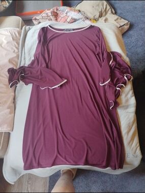 Women's Burgundy Ruffle Sleeve Long-Sleeve Dress